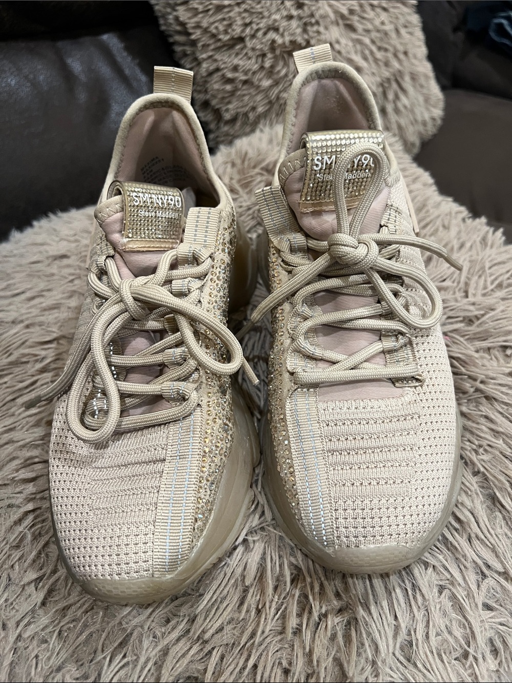 Steve Madden Beige Knit Rhinestone Lace-Up Sneakers
